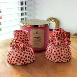 Handmade Ceramic Taper Candle Holder, Pink Red Polka Dot Decor - thumbnail 3