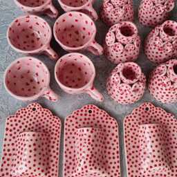 Handmade Ceramic Taper Candle Holder, Pink Red Polka Dot Decor - thumbnail 4