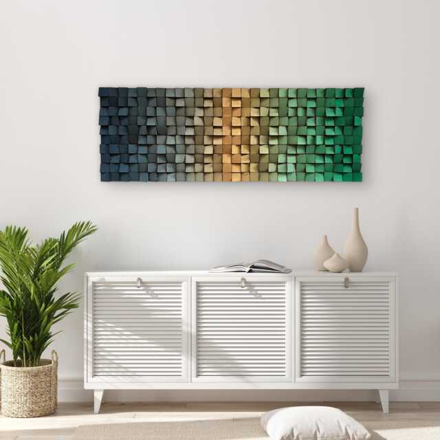 Wood Wall Art - Handmade Sound Diffuser Blue Gold Green Decor - image 1