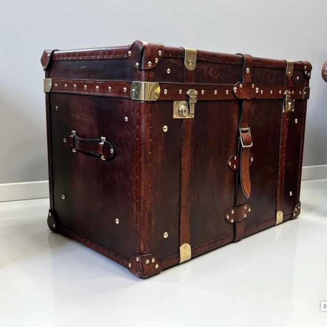Hand-Dyed Leather Steamer Trunk - Brass Fittings, Straps Crafted England Storage Chest - image 1