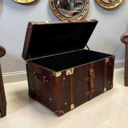 Hand-Dyed Leather Steamer Trunk - Brass Fittings, Straps Crafted England Storage Chest - thumbnail 3