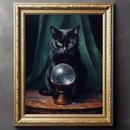Black Cat Crystal Ball Print, Poster Dark Academia, Gothic Victorian, Art, Witchy Decor, Lover Gift - thumbnail 1