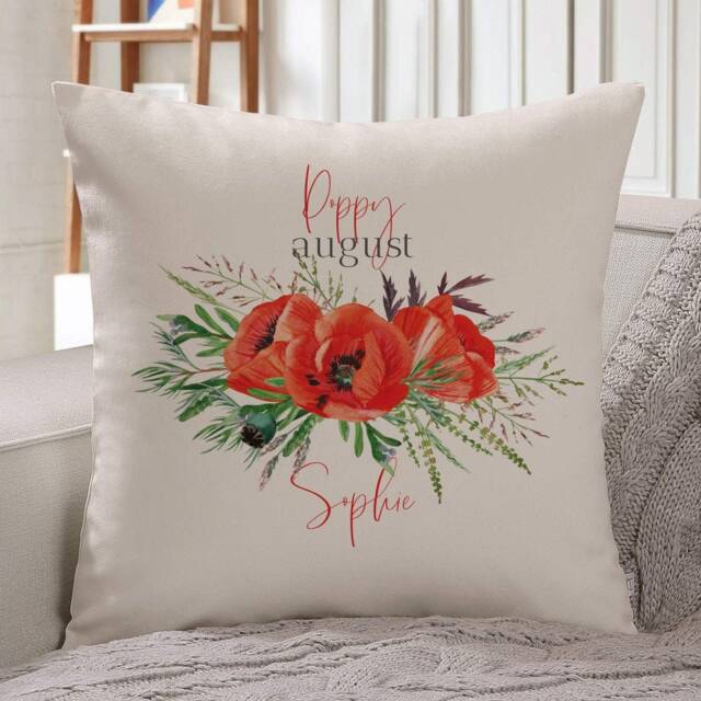 Personalised Birth Flower Cushion/August Poppy Floral Design Birthday Gift 30Th, 40Th, 50Th, 60Th, 70Th Gift For Her - image 1