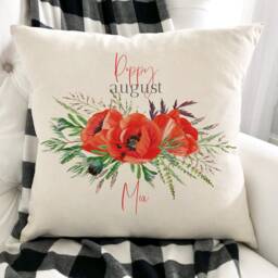 Personalised Birth Flower Cushion/August Poppy Floral Design Birthday Gift 30Th, 40Th, 50Th, 60Th, 70Th Gift For Her - thumbnail 2