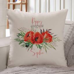 Personalised Birth Flower Cushion/August Poppy Floral Design Birthday Gift 30Th, 40Th, 50Th, 60Th, 70Th Gift For Her