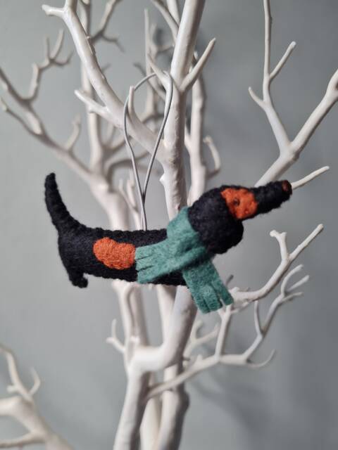 Black & Tan Dachshund, Sausage Dog Decoration. Hanging Wool Felt Decoration For Christmas Tree. Handmade Decoration, Xmas Tree Ornament - image 1