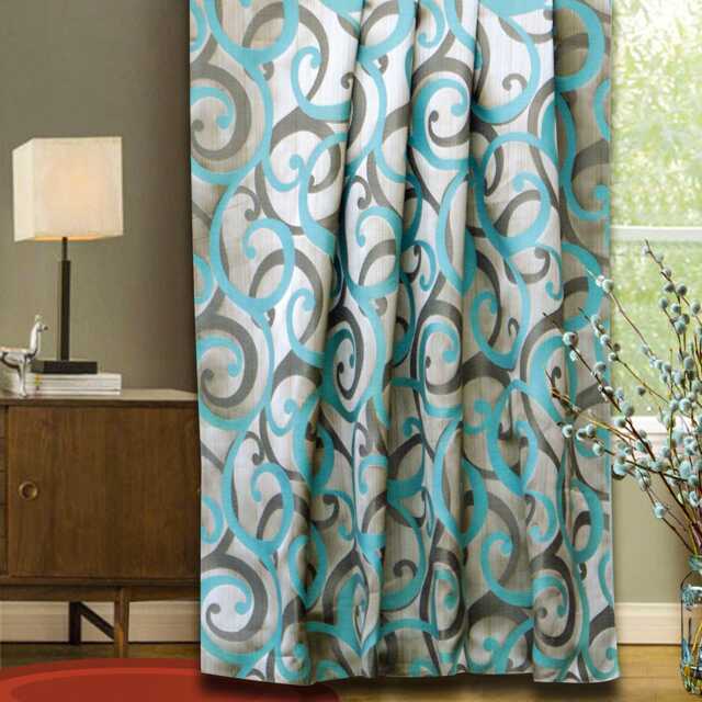 Aqua Scrolls Jacquard Weave Curtain Panels - Rod Pocket, Grommet, Box Pleat, Three Pinch Tab Top & Plain Ring Top - image 1