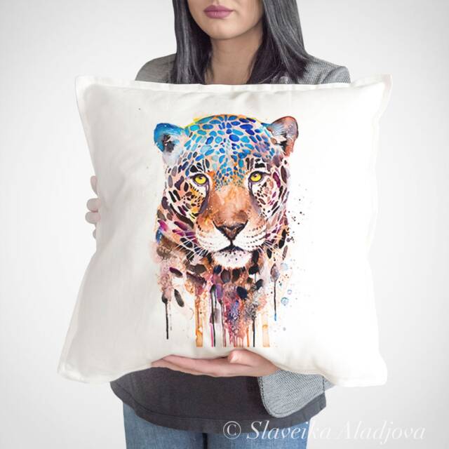Jaguar Cushion Cover, Throw Pillow, Decorative Animal Lover Gift Idea, Watercolor Cute Panther Pillow - image 1