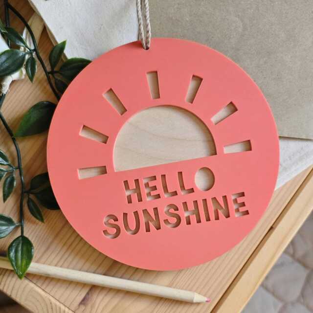 Hello Sunshine Wall Hanging - Retro Nursery Decor Wooden & Acrylic Sun Sign Children's Bedroom Playroom - image 1