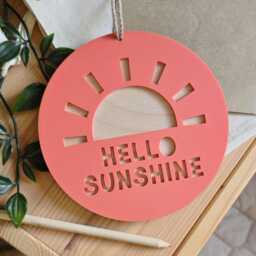 Hello Sunshine Wall Hanging - Retro Nursery Decor Wooden & Acrylic Sun Sign Children's Bedroom Playroom