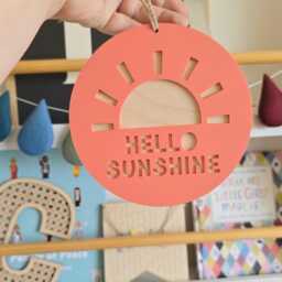 Hello Sunshine Wall Hanging - Retro Nursery Decor Wooden & Acrylic Sun Sign Children's Bedroom Playroom - thumbnail 3