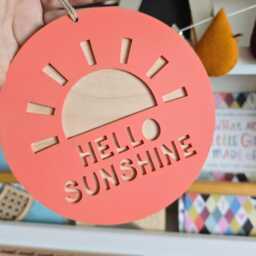 Hello Sunshine Wall Hanging - Retro Nursery Decor Wooden & Acrylic Sun Sign Children's Bedroom Playroom - thumbnail 2