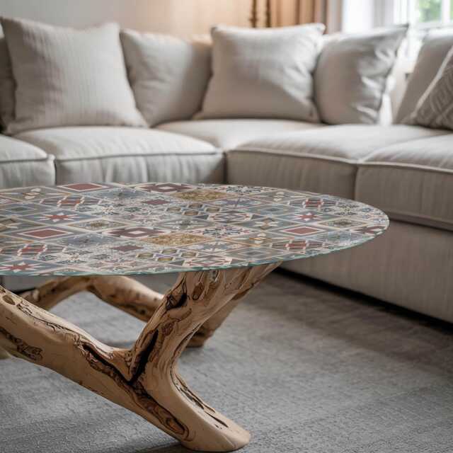 Mosaic With Ornaments Glass Table Top, Gray Modern Tabletop, Protective Top For Tables, Minimalist Tabletop - image 1