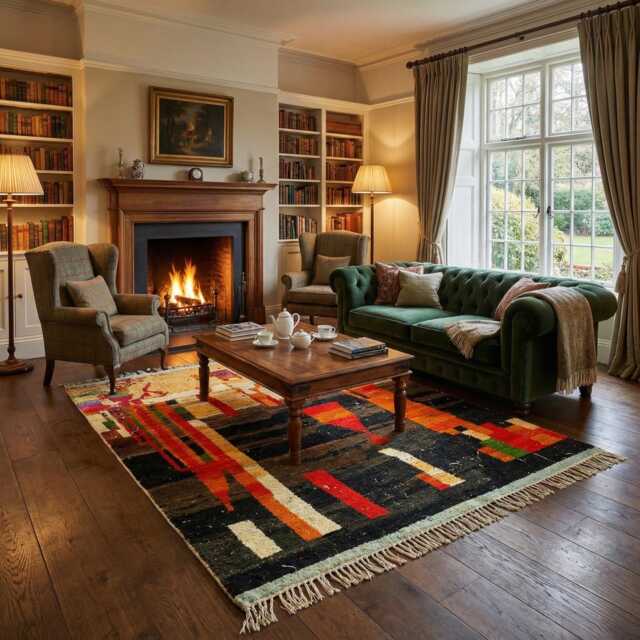 Handmade Moroccan Wool Rug - Abstract Black Orange Berber Carpet - image 1