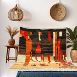 Handmade Moroccan Wool Rug - Abstract Black Orange Berber Carpet - thumbnail 2
