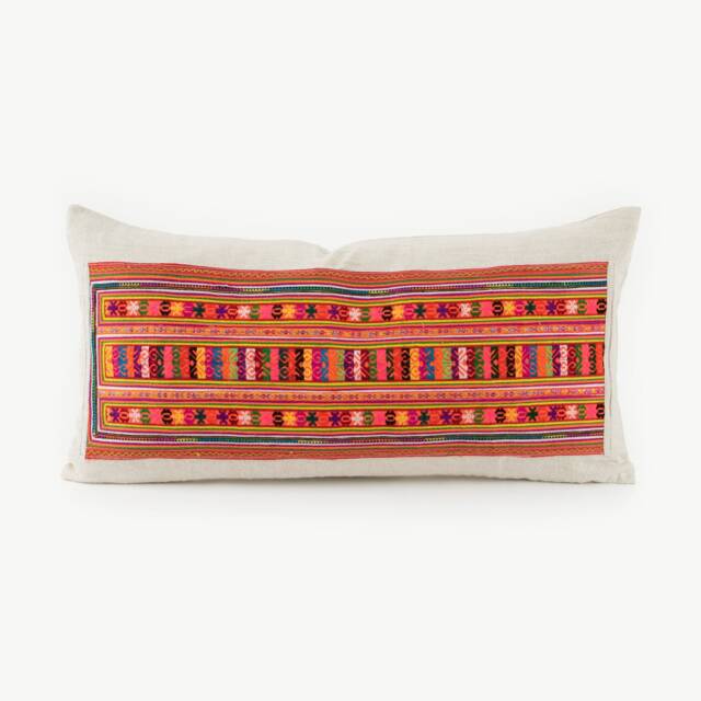 Handwoven Hmong Lumbar Pillow - Tribal Embroidered Cushion Cover - 12x24