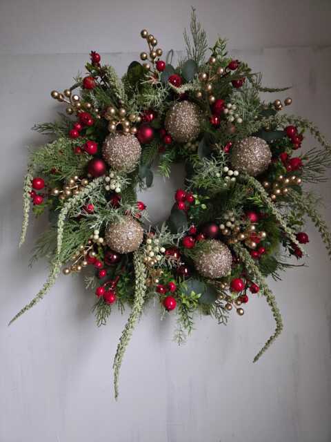 Red & Gold Boho Christmas Wreath, Large Winter Artificial Front Door Wreath, Gold Glitter Bauble Wreath, Luxury Sage Green Eucalyptus Wreath - image 1