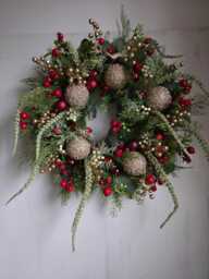 Red & Gold Boho Christmas Wreath, Large Winter Artificial Front Door Wreath, Gold Glitter Bauble Wreath, Luxury Sage Green Eucalyptus Wreath - thumbnail 1