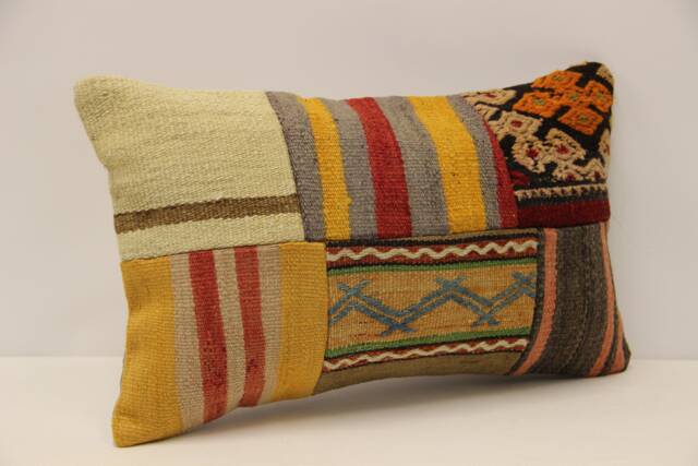Turkish Kilim Pillow Cover, Vintage Wool Patchwork, 12x20 Lumbar - image 1