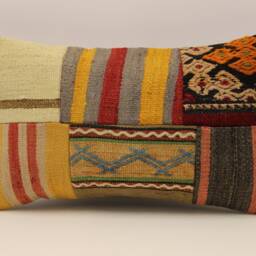 Turkish Kilim Pillow Cover, Vintage Wool Patchwork, 12x20 Lumbar - thumbnail 2