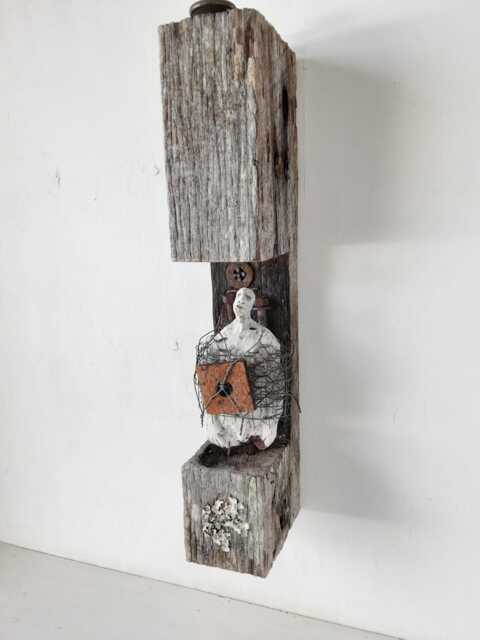 Upcycled Timber Sculpture, Ceramic Figure, Found Metal Art - image 1