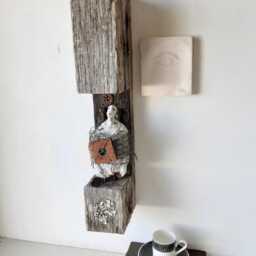 Upcycled Timber Sculpture, Ceramic Figure, Found Metal Art - thumbnail 2
