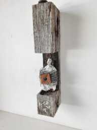 Upcycled Timber Sculpture, Ceramic Figure, Found Metal Art - thumbnail 1