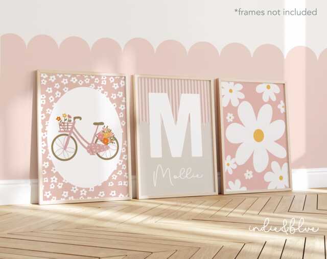 Set Of 3 Personalised Flower Prints in Pastel, Daisy Print, Vintage Bike Floral Wall Art, Girl Bedroom Art - image 1