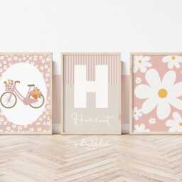 Set Of 3 Personalised Flower Prints in Pastel, Daisy Print, Vintage Bike Floral Wall Art, Girl Bedroom Art - thumbnail 2