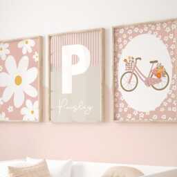Set Of 3 Personalised Flower Prints in Pastel, Daisy Print, Vintage Bike Floral Wall Art, Girl Bedroom Art - thumbnail 3
