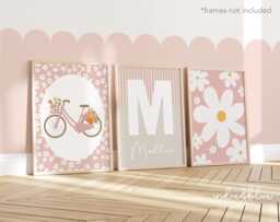 Set Of 3 Personalised Flower Prints in Pastel, Daisy Print, Vintage Bike Floral Wall Art, Girl Bedroom Art - thumbnail 1