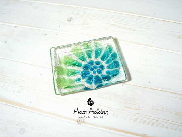 Turquoise Green Fused Glass Soap Dish With Spout in An Ammonite Fossil Design - 13x10cm - Handmade By Artist Matt Adkins Dorset, UK - image 1