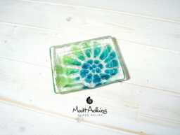 Turquoise Green Fused Glass Soap Dish With Spout in An Ammonite Fossil Design - 13x10cm - Handmade By Artist Matt Adkins Dorset, UK - thumbnail 1
