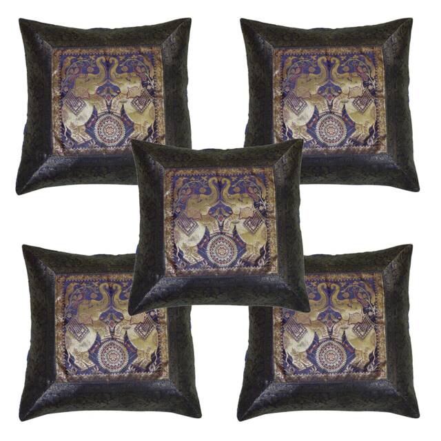 Banarasi Silk Cushion Cover, Traditional Home Decor Indian Elephant Square Brocade Pillow Handmade Cover Set Throw - image 1