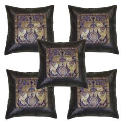 Banarasi Silk Cushion Cover, Traditional Home Decor Indian Elephant Square Brocade Pillow Handmade Cover Set Throw
