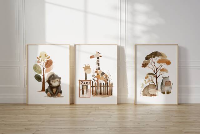 Safari Nursery Decor, Nursery Prints, Wall Art, Set Of 3 Baby Animal Kids Room Wall Art - image 1