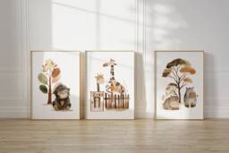 Safari Nursery Decor, Nursery Prints, Wall Art, Set Of 3 Baby Animal Kids Room Wall Art - thumbnail 1