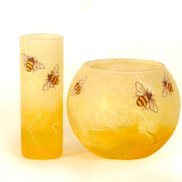 Bumble Bee Candle Holder & Posy Vase Set Strawsilk Glass - image 1