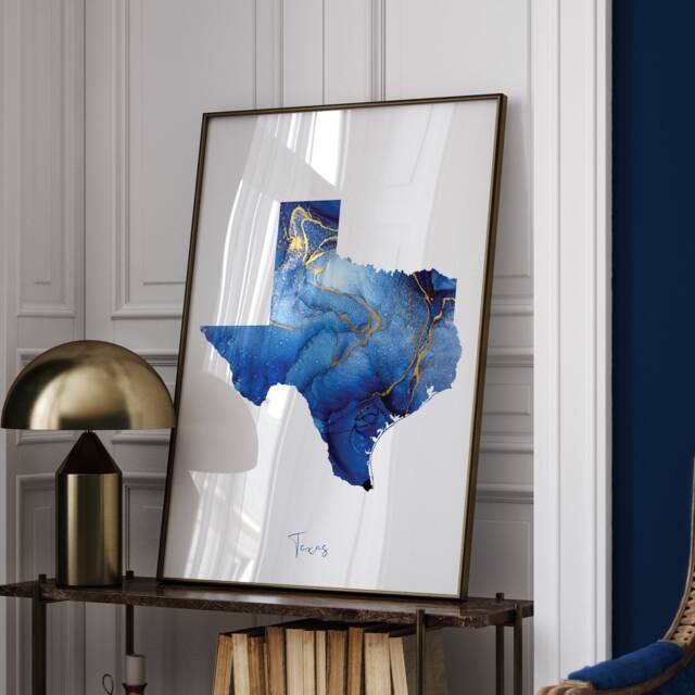 Texas Map Blue & Gold Wall Art Print - Us State United States Of America Usa - image 1