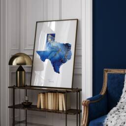 Texas Map Blue & Gold Wall Art Print - Us State United States Of America Usa - thumbnail 2
