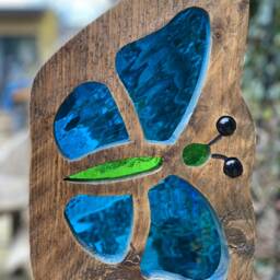 Butterfly Garden Sculpture in Blue & Green, Stained Glass, Reclaimed Wood, Retirement Gift, Birthday Present, Anniversary, Memorial - thumbnail 3