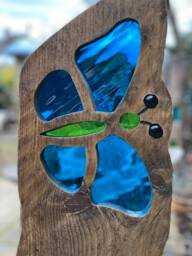 Blue Butterfly Garden Sculpture - Personalised Memorial Gift- Reclaimed Wood & Stained Glass