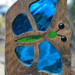 Butterfly Garden Sculpture in Blue & Green, Stained Glass, Reclaimed Wood, Retirement Gift, Birthday Present, Anniversary, Memorial - thumbnail 2