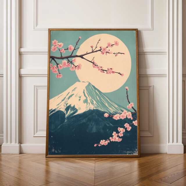 Mount Fuji Cherry Blossoms, Art Print, Pink Teal Navy Decor, Living Room Wall Art, Woodblock Gift For Coworker - image 1