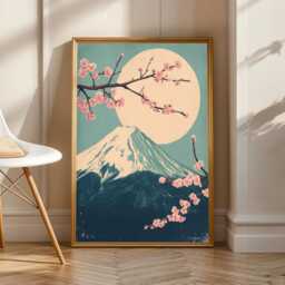Mount Fuji Cherry Blossoms, Art Print, Pink Teal Navy Decor, Living Room Wall Art, Woodblock Gift For Coworker - thumbnail 2