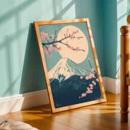 Mount Fuji Cherry Blossoms, Art Print, Pink Teal Navy Decor, Living Room Wall Art, Woodblock Gift For Coworker - thumbnail 3