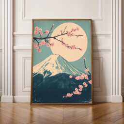 Mount Fuji Cherry Blossoms, Art Print, Pink Teal Navy Decor, Living Room Wall Art, Woodblock Gift For Coworker - thumbnail 1