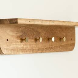 Oak Shelf With Brass Hooks Handmade Wooden Wall Display - thumbnail 3