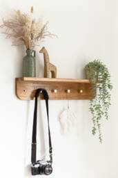 Oak Shelf With Brass Hooks Handmade Wooden Wall Display - thumbnail 1