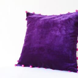 Purple Velvet Pillow Cover With Pink Pom Poms - thumbnail 3